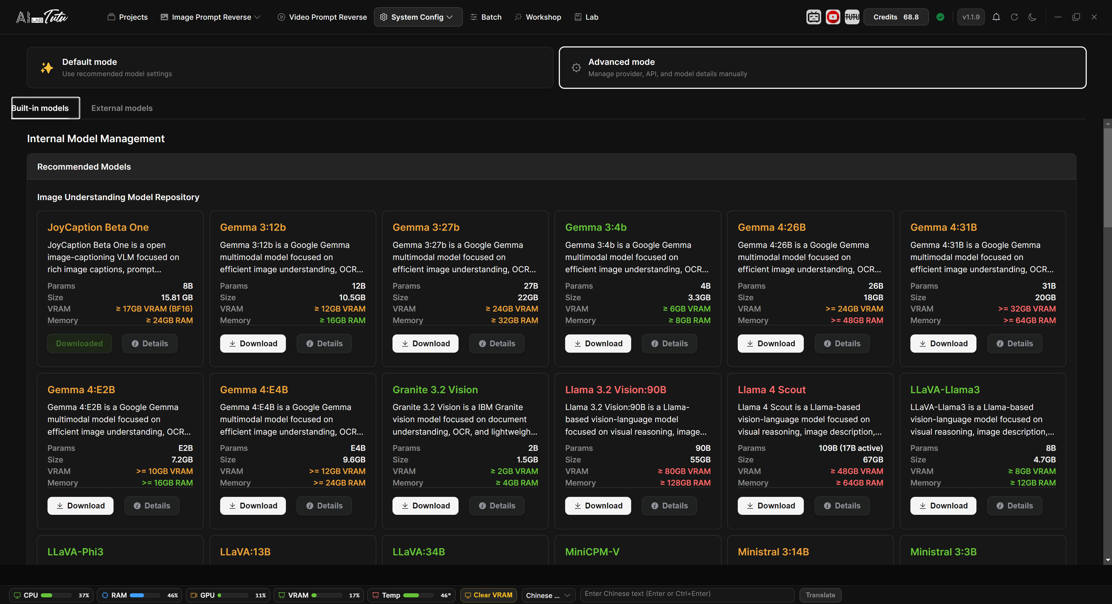 Internal model management interface